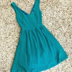 LC by Lauren Conrad Greenish Blue Polka Dot Skater Cross Back Flared Mini Dress